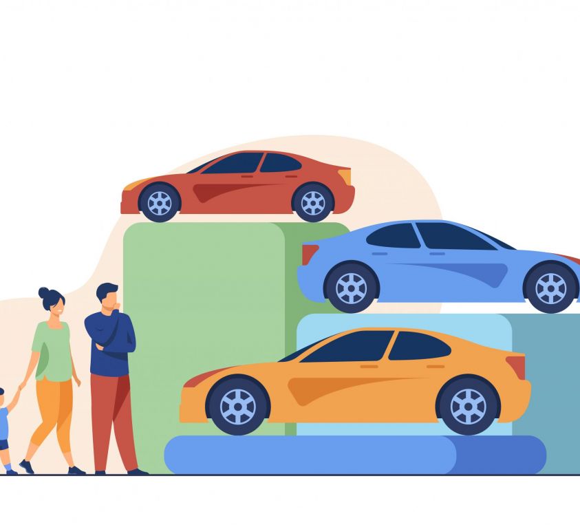 Family choosing new car in automobile store. Vehicle, kid, auto flat vector illustration. Shopping and transportation concept for banner, website design or landing web page